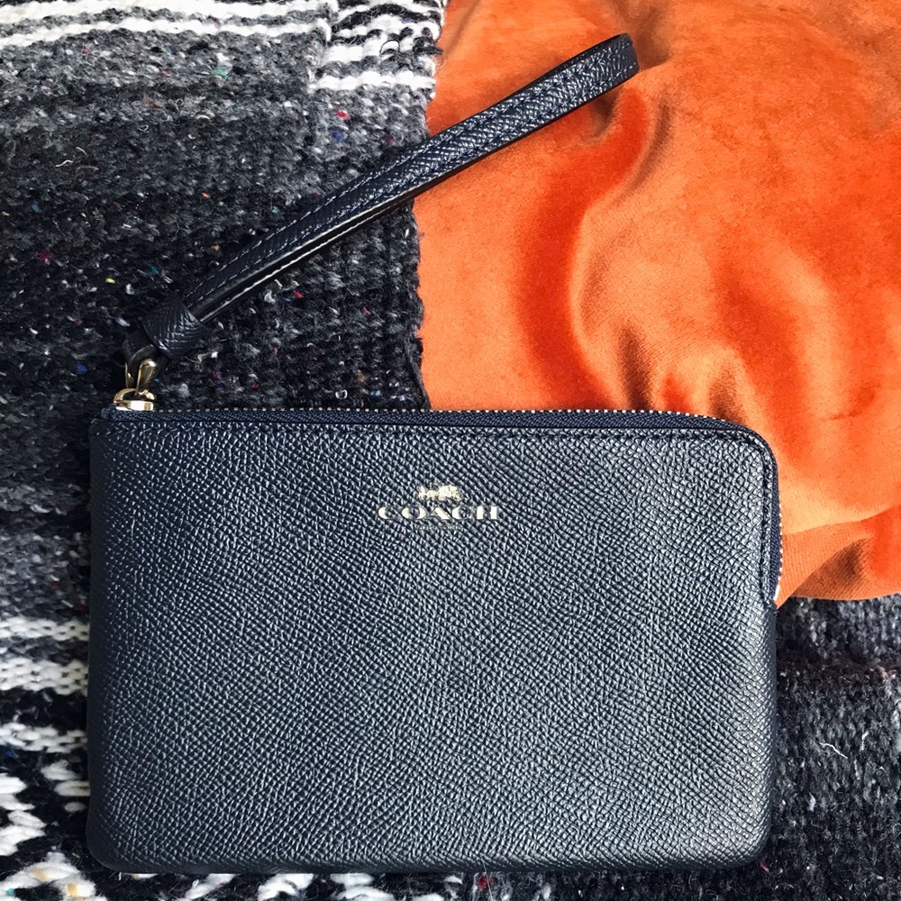Coach Leather Navy Blue Corner Zip Wristlet